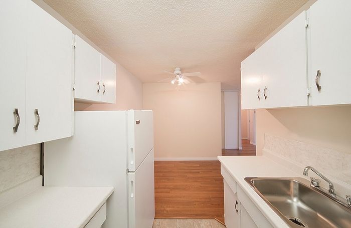 Bright and inviting kitchen with modern white cabinetry, sleek countertops, and a cozy wood-accented floor.