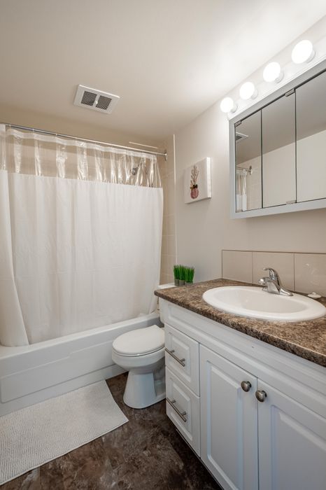 Bright and elegant bathroom with a stylish vanity, modern lighting, and a relaxing bathtub.