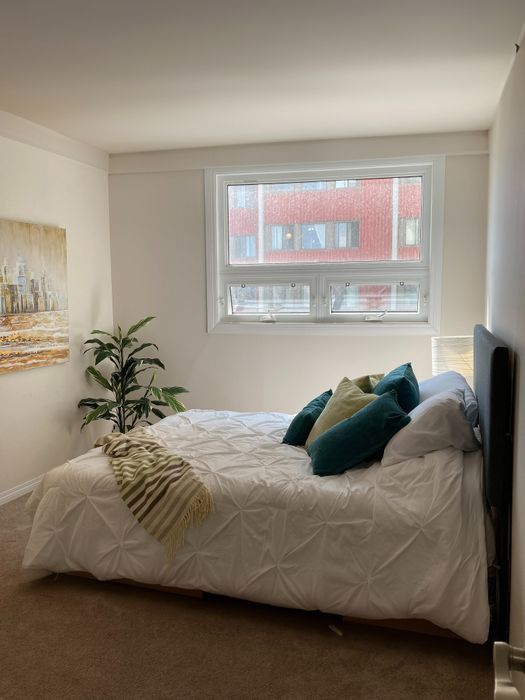 Bright, cozy bedroom with elegant bedding, large window, potted plant, and cityscape artwork.