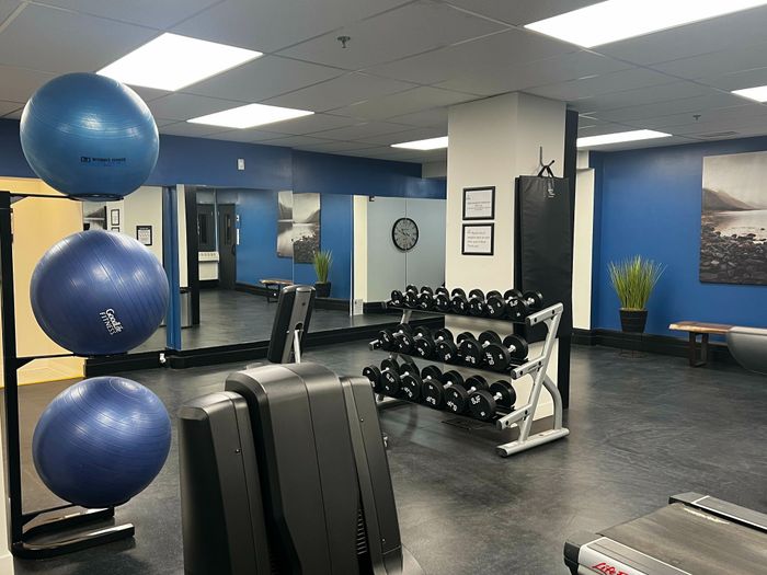 Modern apartment gym featuring state-of-the-art treadmills, an array of free weights, and balance balls for a complete workout.