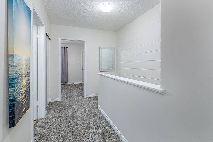 Bright and inviting hallway with plush carpeting, highlighting elegant artwork and a stylish mirror.