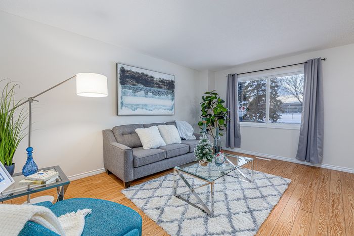 Bright and elegant living room with a cozy gray sofa, modern glass coffee table, and vibrant decor under soft natural light.