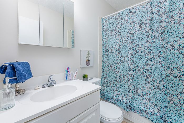 Charming bathroom with a sleek vanity, elegant mirror, and a vibrant blue patterned shower curtain.