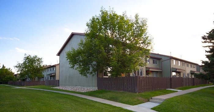 Charming townhouse community surrounded by lush greenery and vibrant trees, featuring wooden fences and spacious pathways.