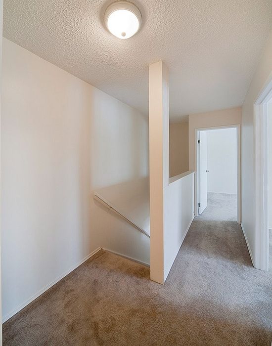 Bright and inviting hallway with plush carpet leading to spacious rooms, featuring modern lighting and neutral tones.