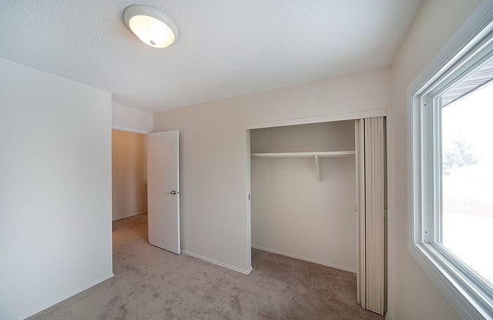 Bright bedroom with plush carpeting, an open closet, and a large window letting in natural light, creating an inviting and serene atmosphere.