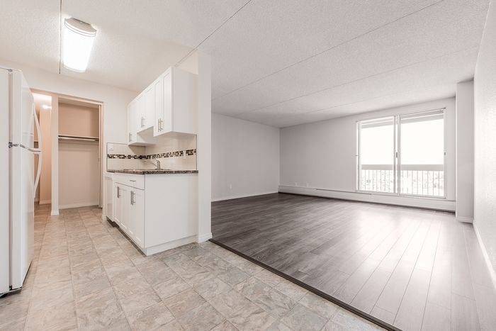 Modern apartment with sleek kitchen adjacent to a spacious, sunlit living area featuring large windows and stylish flooring.