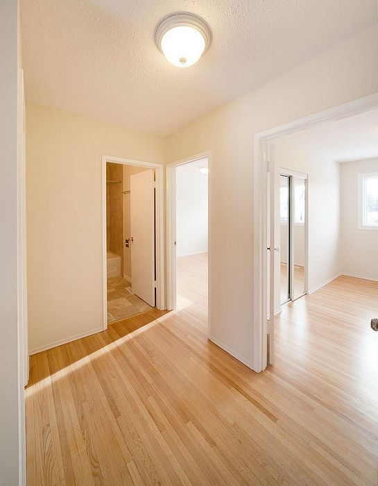 Bright and inviting hallway with elegant hardwood floors leading to spacious rooms, offering a warm and welcoming home ambiance.