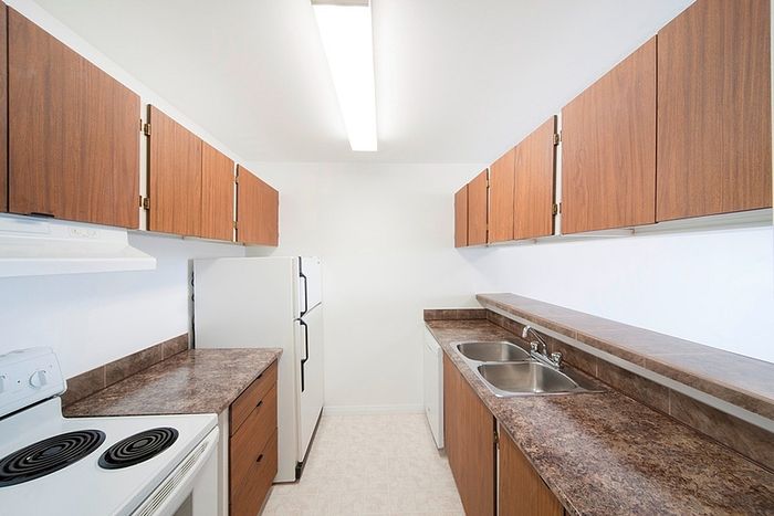 Bright galley kitchen with modern appliances, elegant wooden cabinets, and sleek countertops.
