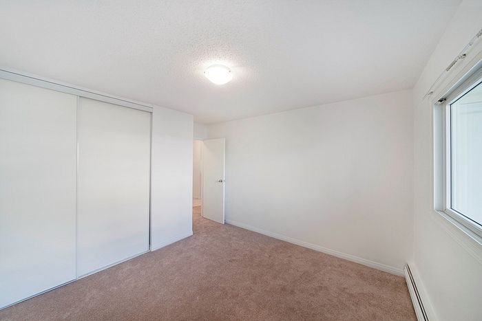 Bright and spacious bedroom with plush carpeting, large closet, and abundant natural light from a wide window.