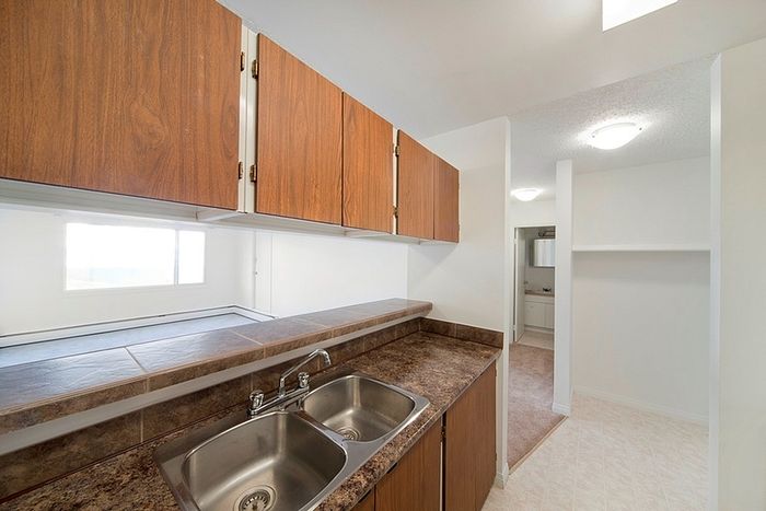 Modern kitchen with elegant wooden cabinets and a sleek double sink offering style and functionality.