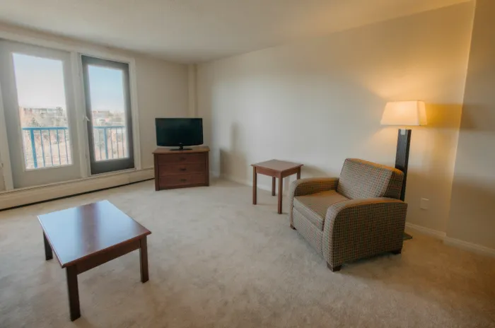 Bright and cozy living room with elegant furniture, featuring a comfortable armchair, a sleek television, and large windows offering scenic views.