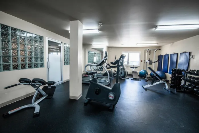 Modern, well-equipped fitness center featuring cardio machines, weights, and exercise mats, perfect for a complete workout experience.