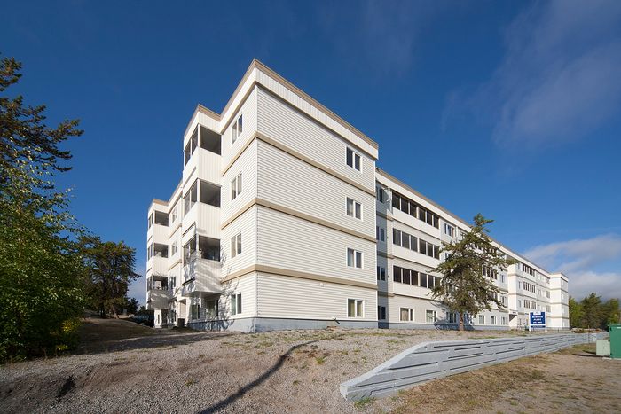 Modern apartment complex with a sleek exterior and sunlit balconies nestled in a serene, tree-lined environment.