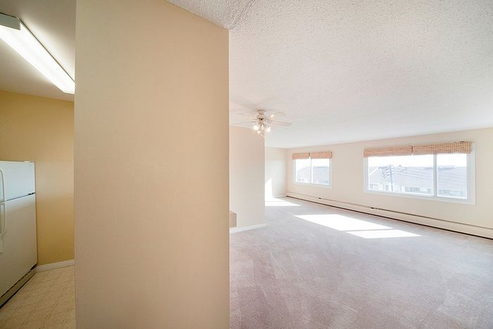 Bright and spacious living area with large windows and soft carpeting, adjacent to a cozy kitchen space.