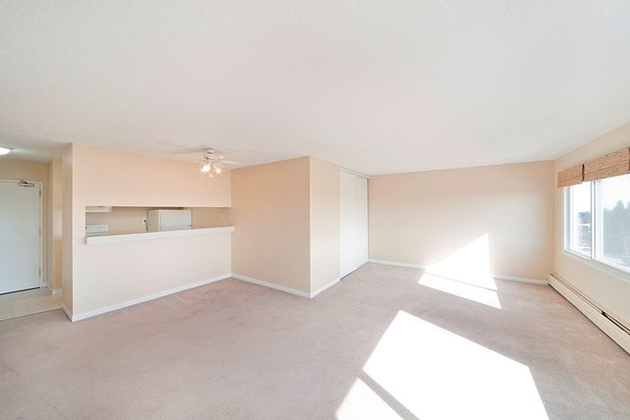Bright and airy open-plan living area with plush carpeting and large window, perfect for natural lighting and relaxation.