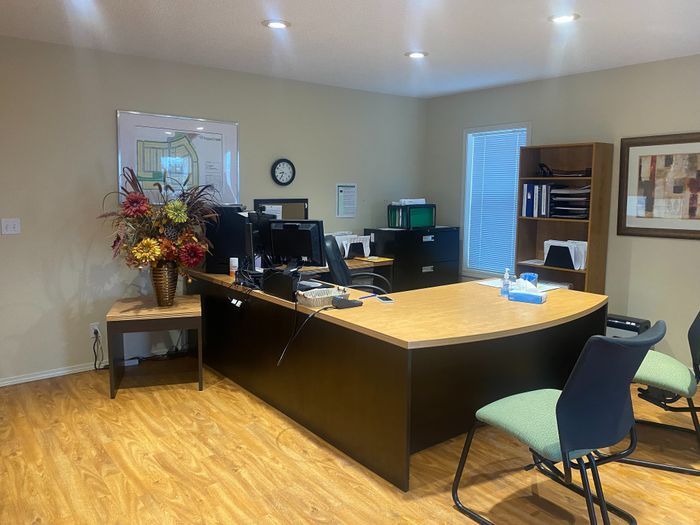 Welcoming and modern office space featuring a sleek wooden desk with dual monitors, stylish chairs, and vibrant floral arrangements.
