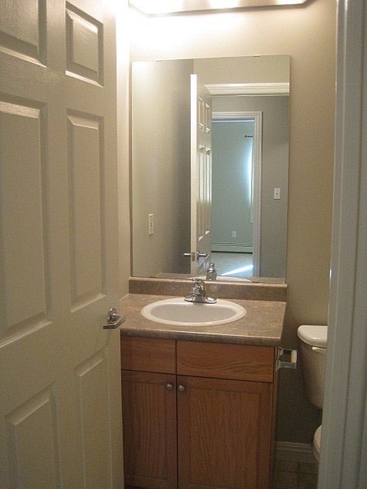 Cozy bathroom with a chic vanity, large mirror, and warm wooden cabinets, creating an inviting atmosphere.