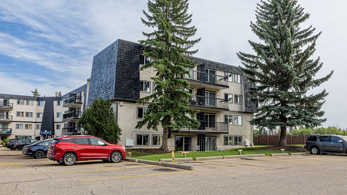 Charming four-story apartment building with lush trees and ample parking in a serene neighborhood setting.