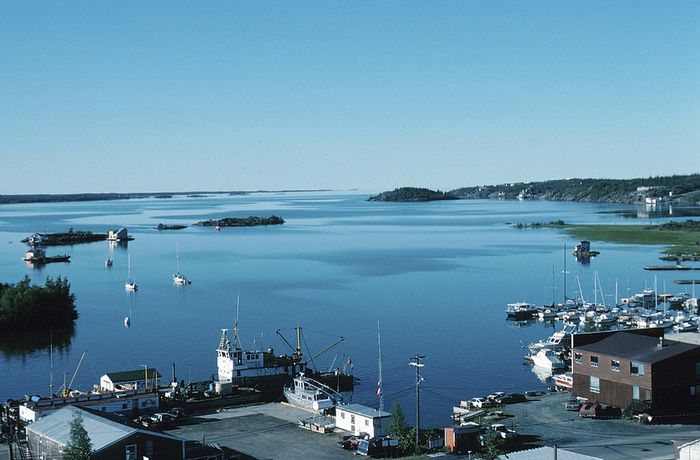 Stunning harbor view with calm blue waters, moored boats, and lush green islands under a clear sky.