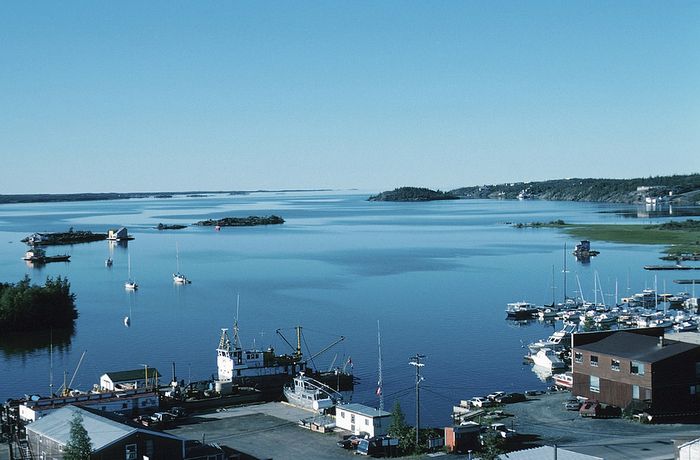 Scenic waterfront view showcasing vibrant blue waters, docked boats, and lush greenery under a clear sky.