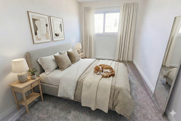 Charming bedroom retreat with cozy bed, modern art, ambient lighting, and a peaceful cat basking in the sunlight.