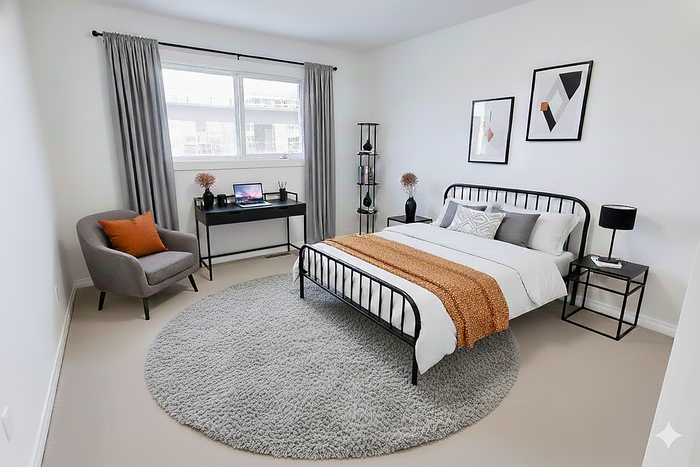 Chic, modern bedroom featuring a cozy bed with decorative pillows, stylish desk setup, and elegant artwork, creating a serene and sophisticated living space.