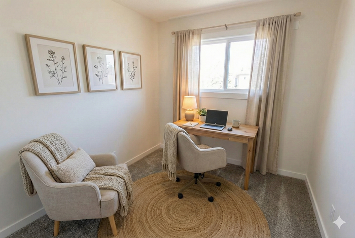Charming home office with cozy chairs, a wooden desk, natural light, and tasteful decor.