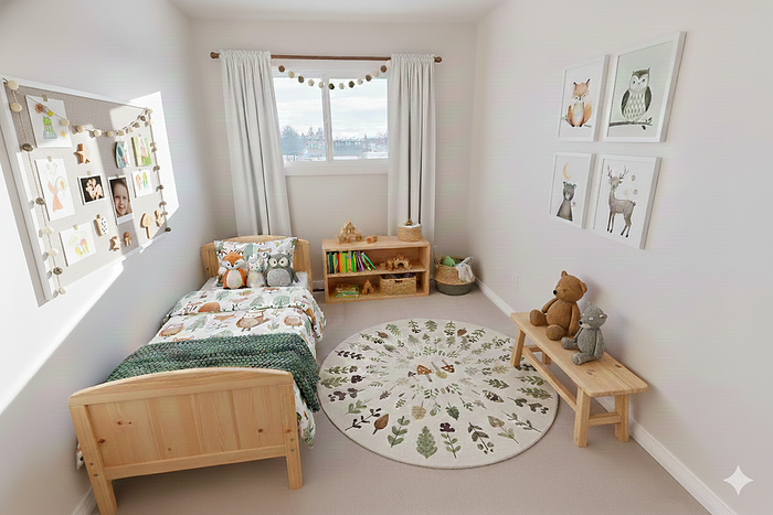 Charming children's bedroom with cozy wooden bed, whimsical animal-themed decor, and playful soft toys, enhanced by natural light from a large window.
