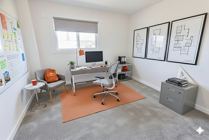 Modern home office with sleek desk, ergonomic chair, and vibrant decor, perfect for a productive workspace.
