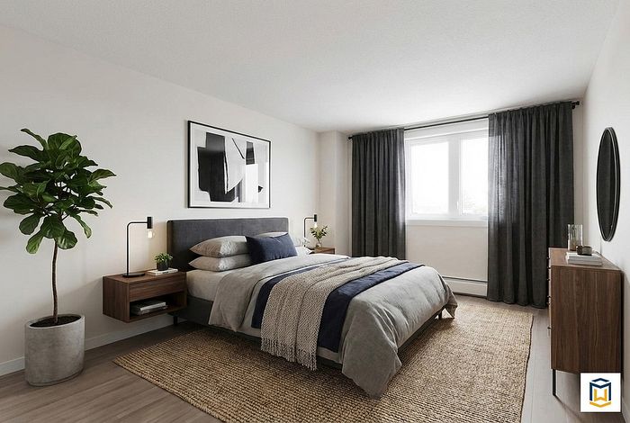 Elegant bedroom with a plush bed, modern bedside lamps, and natural light streaming through large windows, complemented by stylish monochrome artwork and a lush potted plant.