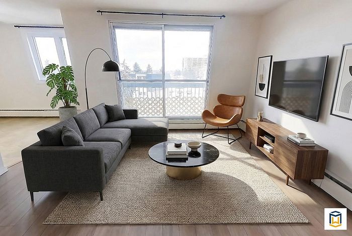 Bright and inviting living room featuring a sleek gray sectional sofa, chic leather chair, and modern entertainment unit with large windows offering stunning natural light.