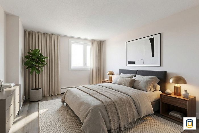 Elegant bedroom with a cozy king-sized bed, stylish decor, and soft natural lighting, perfect for relaxation and comfort.