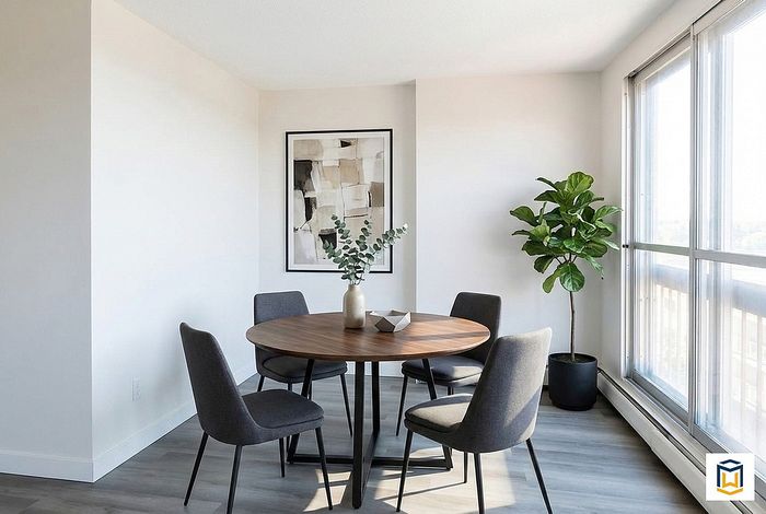 Bright dining area with a modern round table, chic gray chairs, a large leafy plant, and abstract artwork, illuminated by natural light.