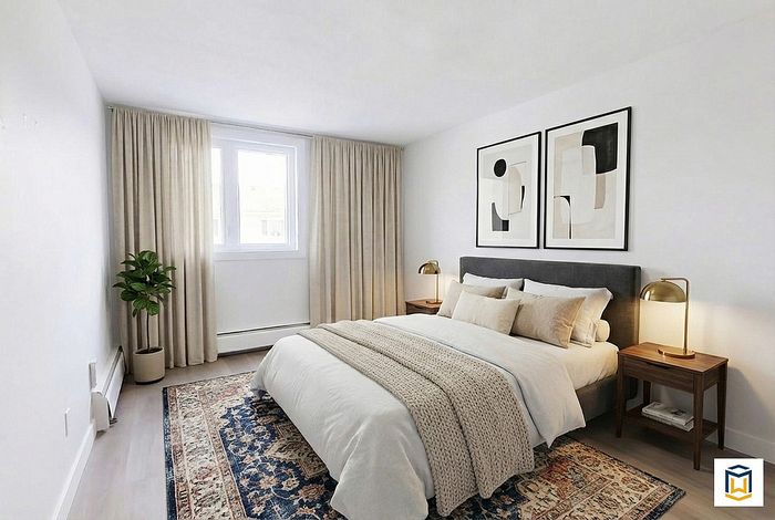 Elegant bedroom featuring a plush bed with neutral tones, stylish artwork, and a cozy knitted throw, perfect for tranquility.