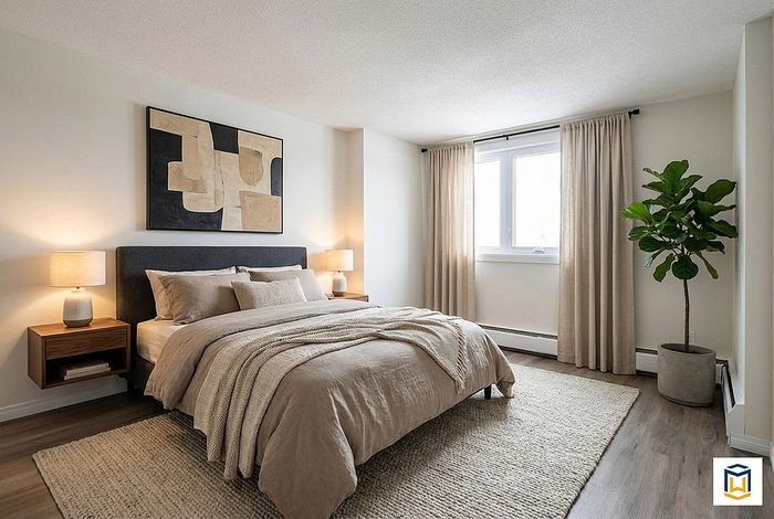 Inviting and stylish bedroom with modern decor, featuring a plush bed, abstract artwork, cozy lighting, and a refreshing green plant by the window.
