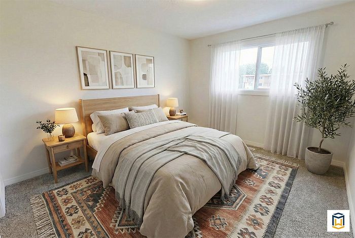 Cozy bedroom with elegant decor, featuring a plush bed, neutral tones, and a sunny window view. Warm lighting and stylish artwork create a serene atmosphere.