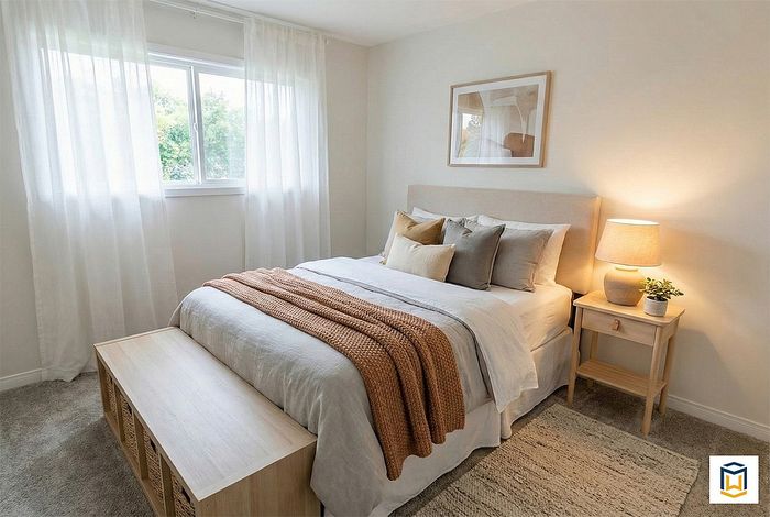 Inviting bedroom featuring a cozy bed with decorative pillows, a warm-toned throw, and a softly lit nightstand with a lamp.