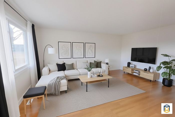 Elegant living room with modern decor, featuring a cozy sectional sofa, artistic wall prints, and a sleek entertainment center.
