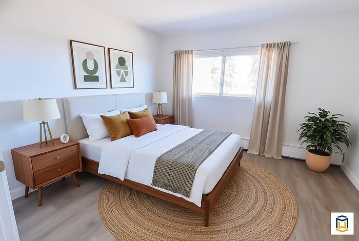 Inviting bedroom with modern decor; features a comfortable bed, artistic wall prints, elegant bedside lamps, and large window for natural light.