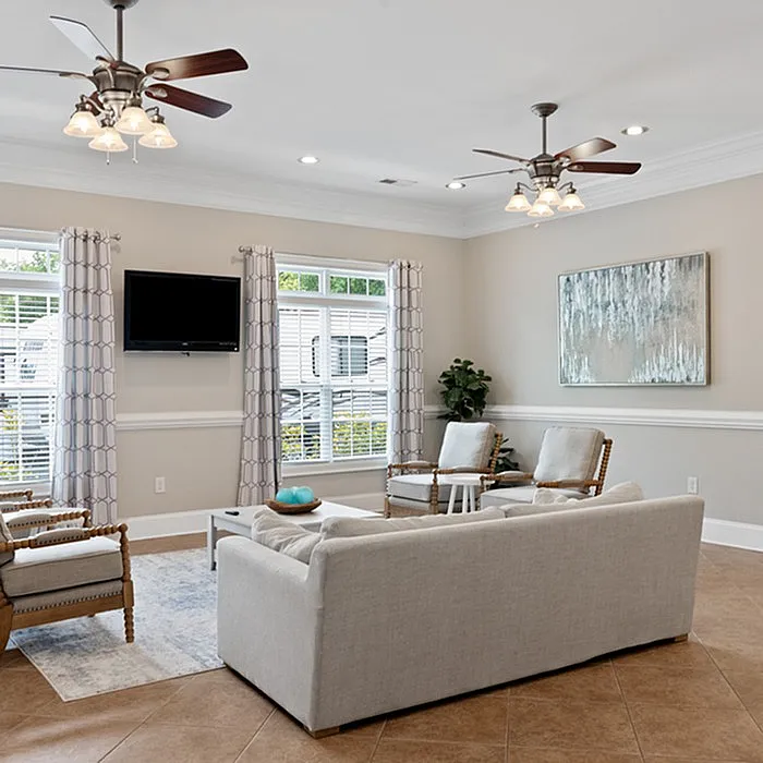 Bright and airy living room with modern furniture, cozy seating arrangement, and large windows.