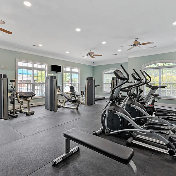 Bright and modern fitness center with cardio machines, weight equipment, and large windows.