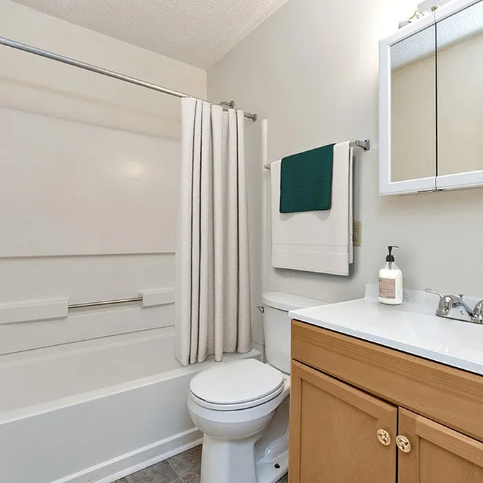Chic bathroom featuring a bathtub with shower curtain, sleek vanity, and modern fixtures.
