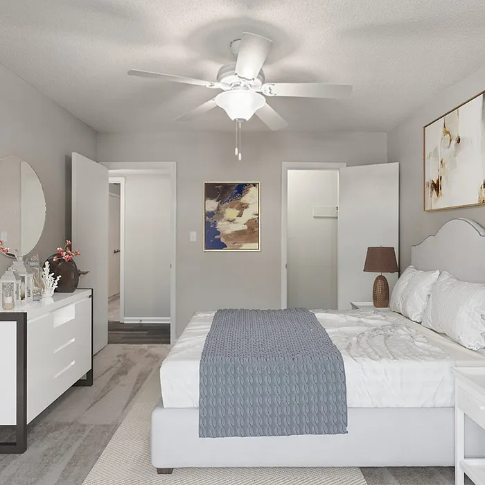 Serene bedroom with modern furnishings, stylish decor, and ambient lighting.