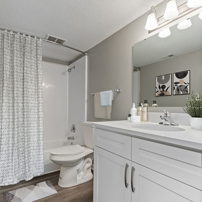 Modern bathroom with elegant vanity, patterned shower curtain, and sleek fixtures.