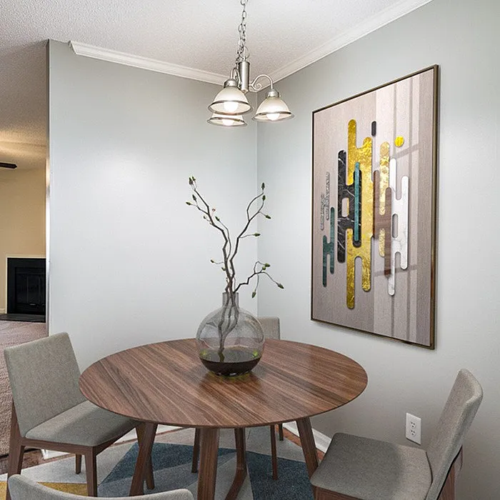 Chic dining area with modern wooden table, elegant wall art, and cozy seating, perfect for stylish living.