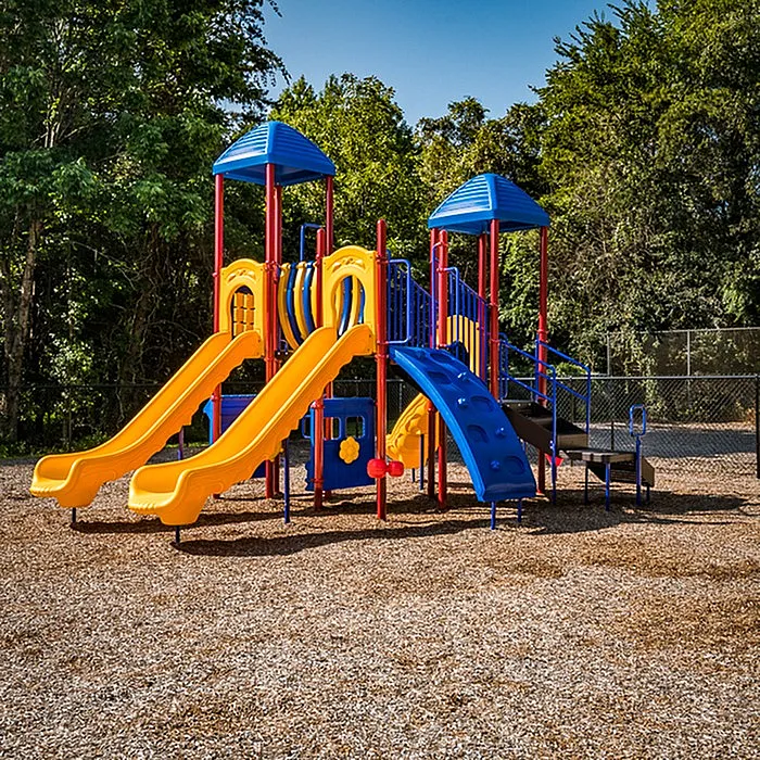 Vibrant playground featuring colorful slides and climbing structures set amidst lush greenery, perfect for outdoor family fun.