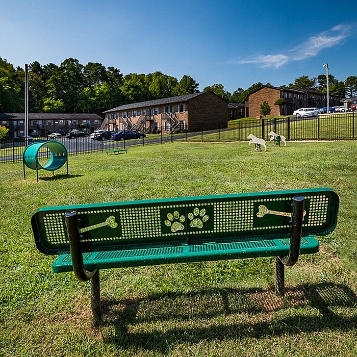 Lush apartment community featuring a vibrant dog park with playful structures and scenic views of residential buildings.