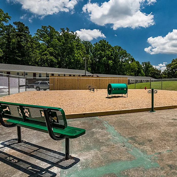 Inviting outdoor dog park area with agility equipment, surrounded by lush trees and clear blue skies, perfect for pet-friendly living.