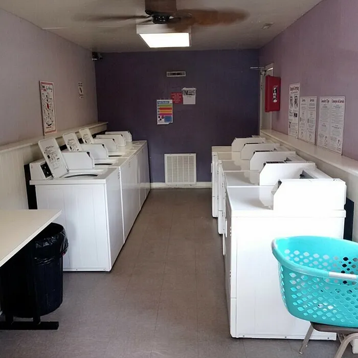 Bright and inviting communal laundry room with modern washers and dryers, perfect for convenient apartment living.